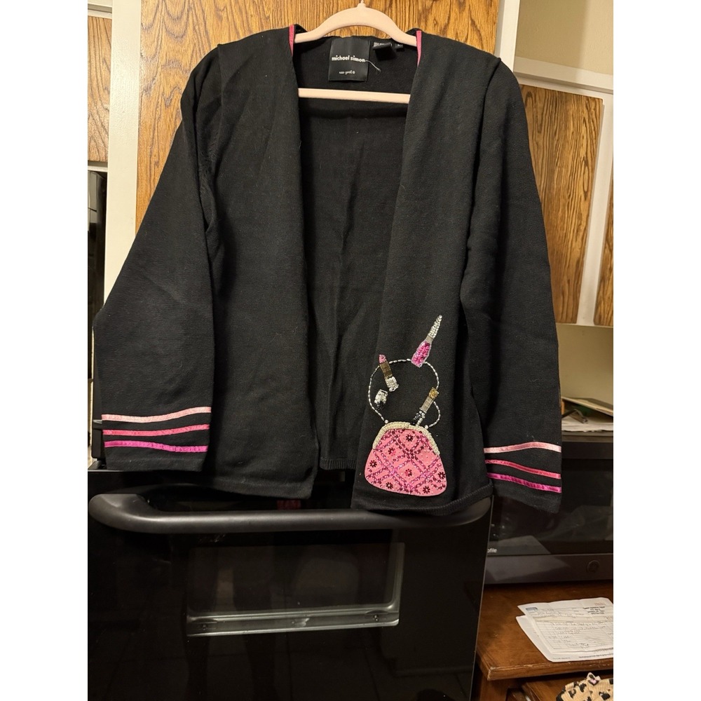 Michael Simon Size L Open Beaded Sweater Cardigan Black